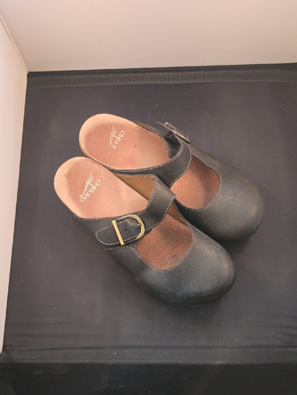 Dansko Martina Black Leather Mary Jane Clogs with Brass Buckle
